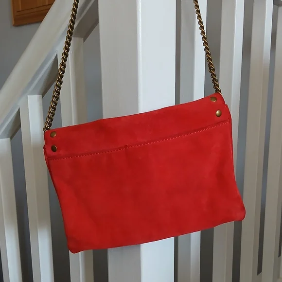 J.Crew Studded Red Suede leather Envelope clutch with chain - Picture 5 of 6